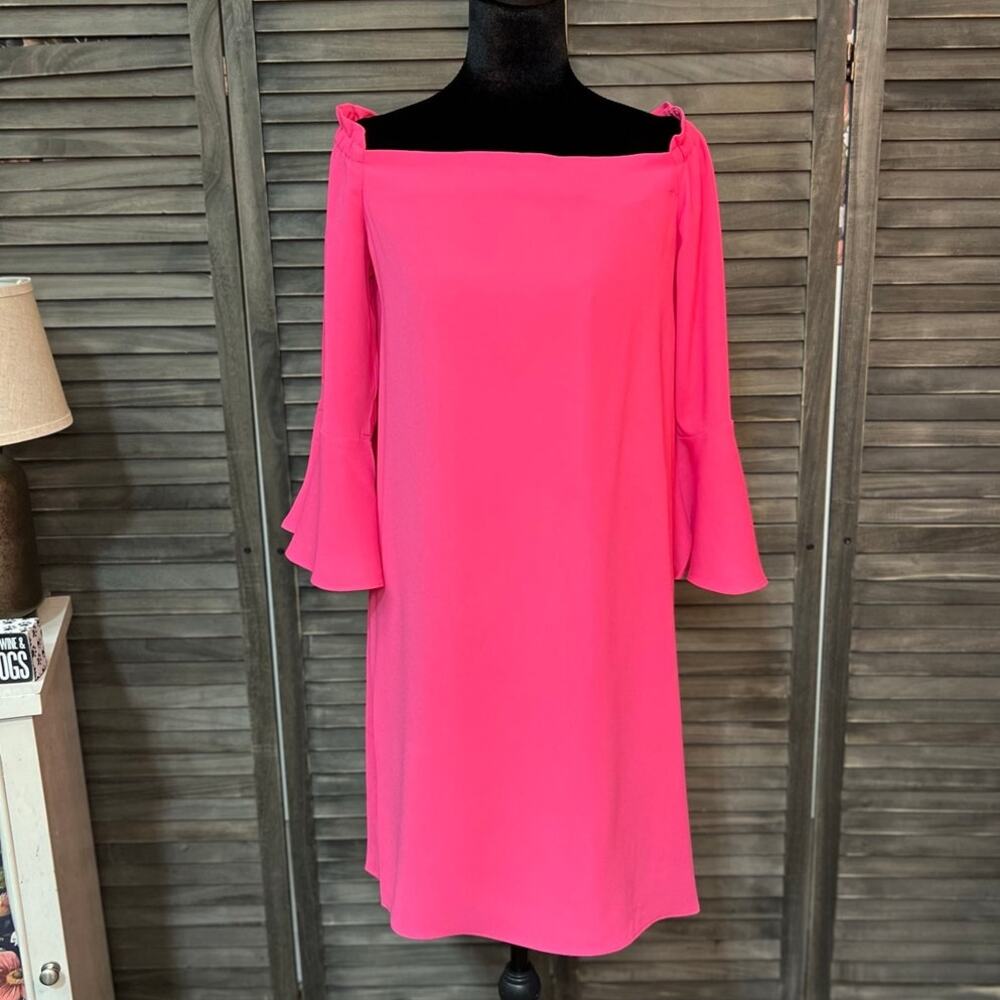 Trina Turk Hot Pink Off Shoulder Bell Sleeve Mini Dress Medium NWT MSRP $258 - Picture 5 of 12